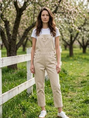Djab par Simons White Beige Overalls Dungarees Straight Leg Cropped Cotton-XS
